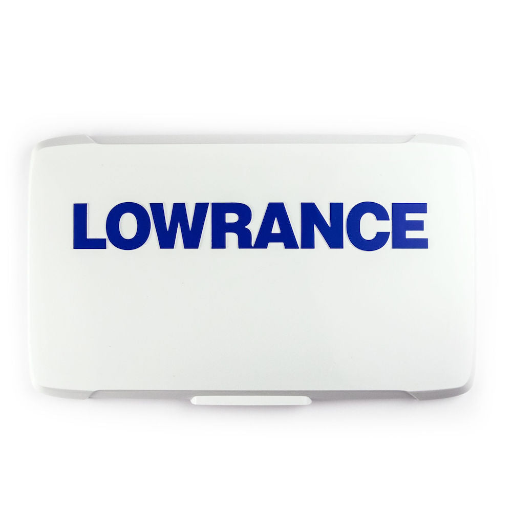 Lowrance 000-16249-001 Eagle 5 inch sun cover, white cover with blue Lowrance lettering across the front