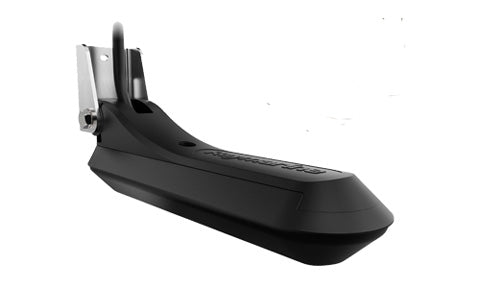 Raymarine A80464 RV-100 RealVision 3D transom mount transducer, black body with metal bracket, angled left view