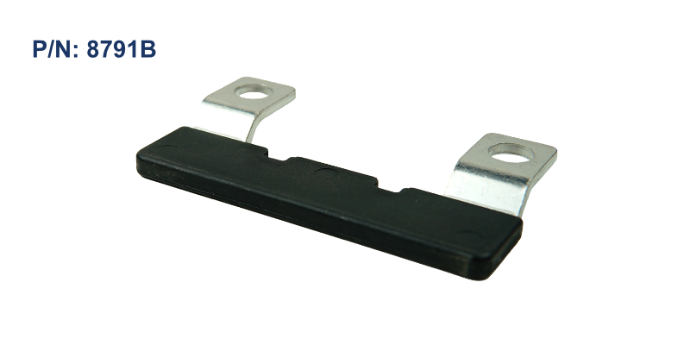 EGIS XD Series 8791 crossover link busbar, 500A, black insulated bar with two silver mounting tabs, side view