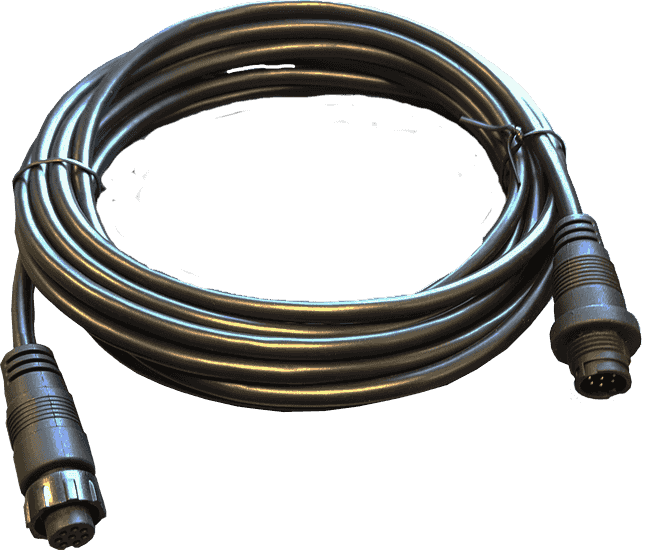 Navico 000-14923-001 VHF fist mic extension cable 5 m, coiled black cable with a round plug and socket on a green background