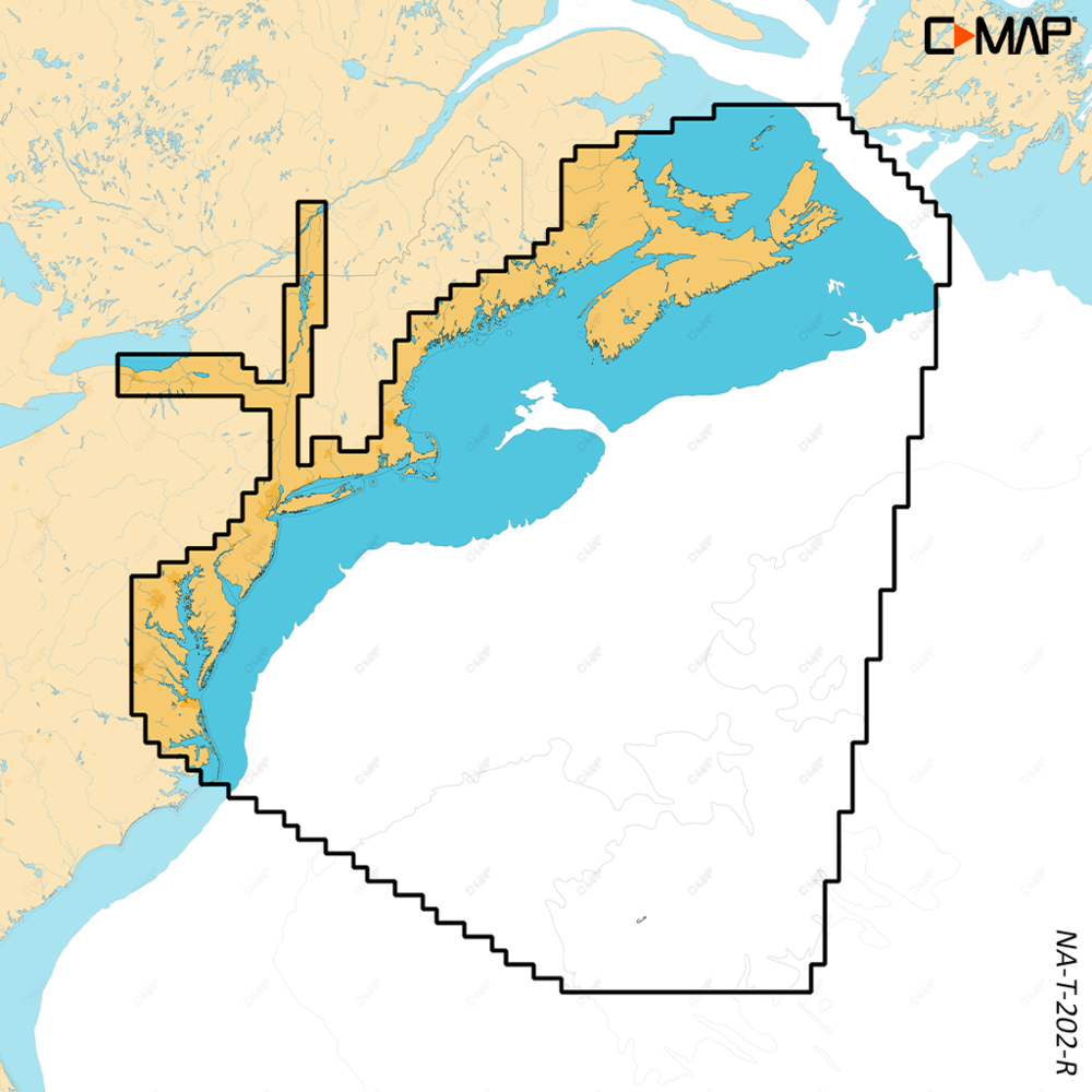 C-MAP Reveal X chart coverage map for Nova Scotia to Chesapeake Bay, part M-NA-T-202-R-MS, outlined area