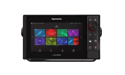 Raymarine E70481 Axiom Pro 9 S, front view of a black display showing coloured app tiles