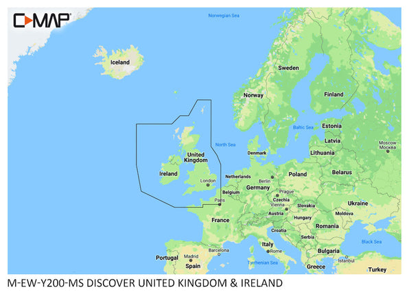 C-Map Discover M-EW-Y200-MS United Kingdom and Ireland, map of Europe with outlined coverage around the British Isles