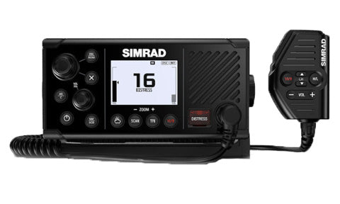 Simrad RS40 000-14470-001 VHF radio with DSC and AIS, display showing channel 16, with coiled-cable handset