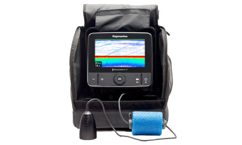Raymarine A80580 Dragonfly ice fishing kit, black carry pack with a display showing sonar, a transducer and a blue float
