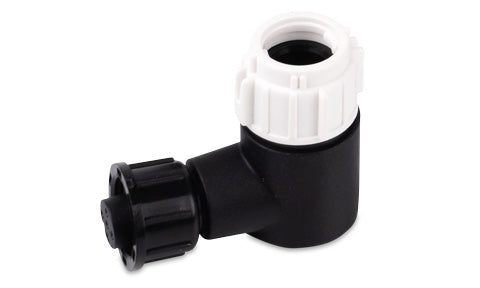 Raymarine A06084 SeaTalk ng male to DeviceNet female 90 degree adapter, black elbow with white threaded collar, angled