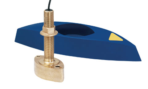 Raymarine E26019-PZ B45 through hull bronze stem depth transducer, bronze stem and oval base with a blue fairing