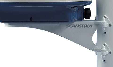 Scanstrut SC12 white mast mount bracket clamped to a mast, holding the underside of a radome, close view