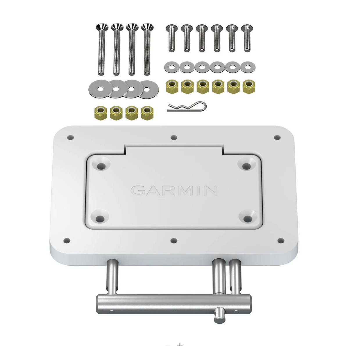 Garmin 010-12832-61 quick release plate system in white: white plate with steel pins, bolts, nuts and washers