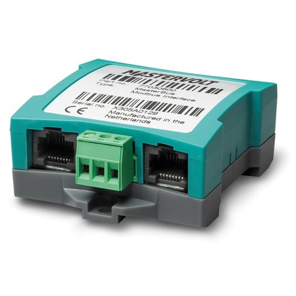 Mastervolt MasterBus Modbus Interface 77030800, grey and teal module with two RJ45 ports and green screw terminal