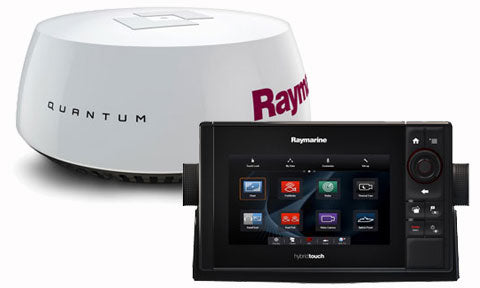 Raymarine T70288 eS75 7 inch Wi-Fi MFD with Quantum Q24C radar, white radome behind a display showing app icons