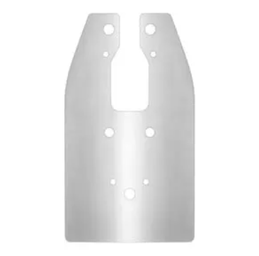 Garmin 010-12406-00 transducer spray shield, flat stainless steel plate with a U-shaped cut-out and holes