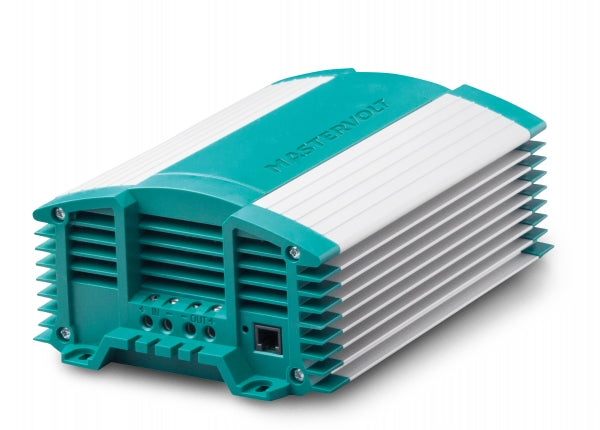 Mastervolt Magic 24/12-20 81300100 converter, angled view of teal and white finned housing with terminal block