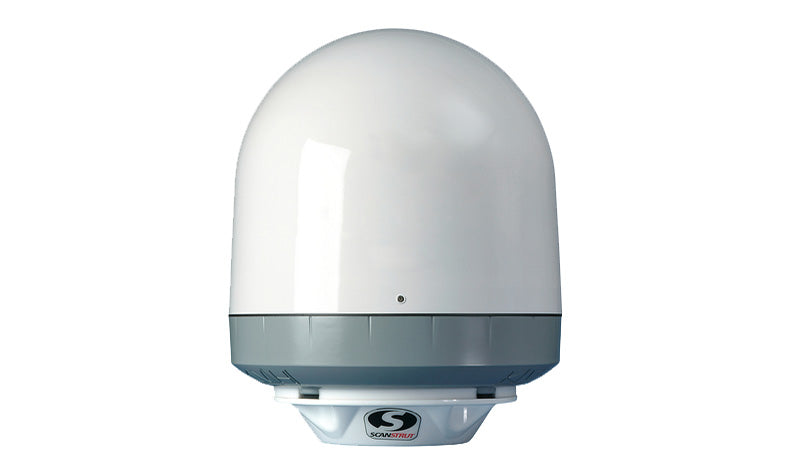 Scanstrut SC45 satcom antenna mount carrying a white dome antenna, front view on white background