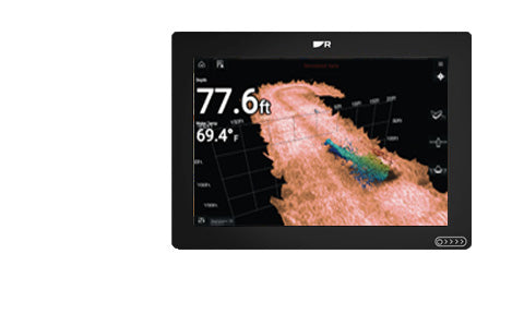 Raymarine E70637 Axiom+ 9 RV, front view of black display showing a 3D seabed sonar image at 77.6 ft