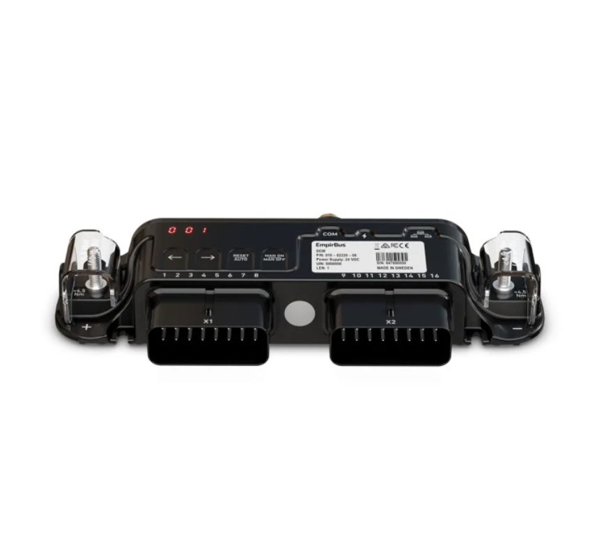 Garmin EmpirBus NXT DCM 010-02220-08, black control module with fuse holders and two multi-pin connectors