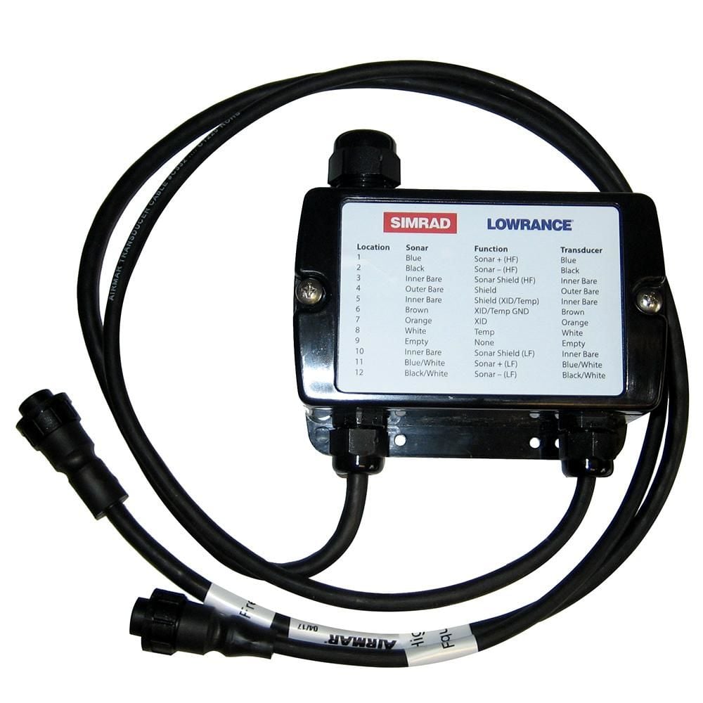 Navico 000-13262-001 xSonic pigtail transducer wiring block adapter, black junction box with a wiring table and two leads