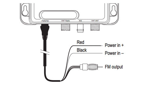 Raymarine A80191 AIS100 active splitter power and FM cable, wiring diagram with red and black power and FM output