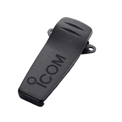 Icom MB-103 belt clip, black plastic belt clip printed with the Icom logo, large view on white