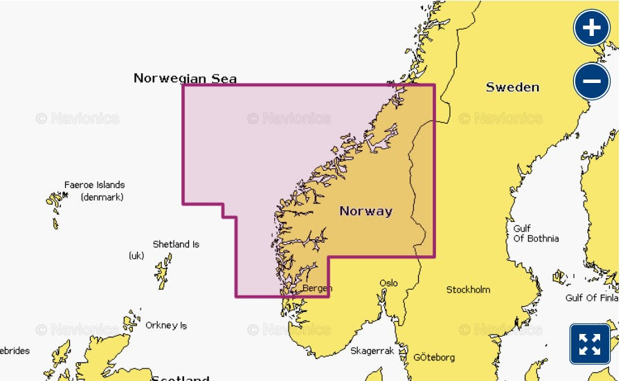 Garmin Navionics+ 010-C1251-00 Norway Sognefjord to Svesfjorden NVEU052R coverage, pink selection on Norwegian coast