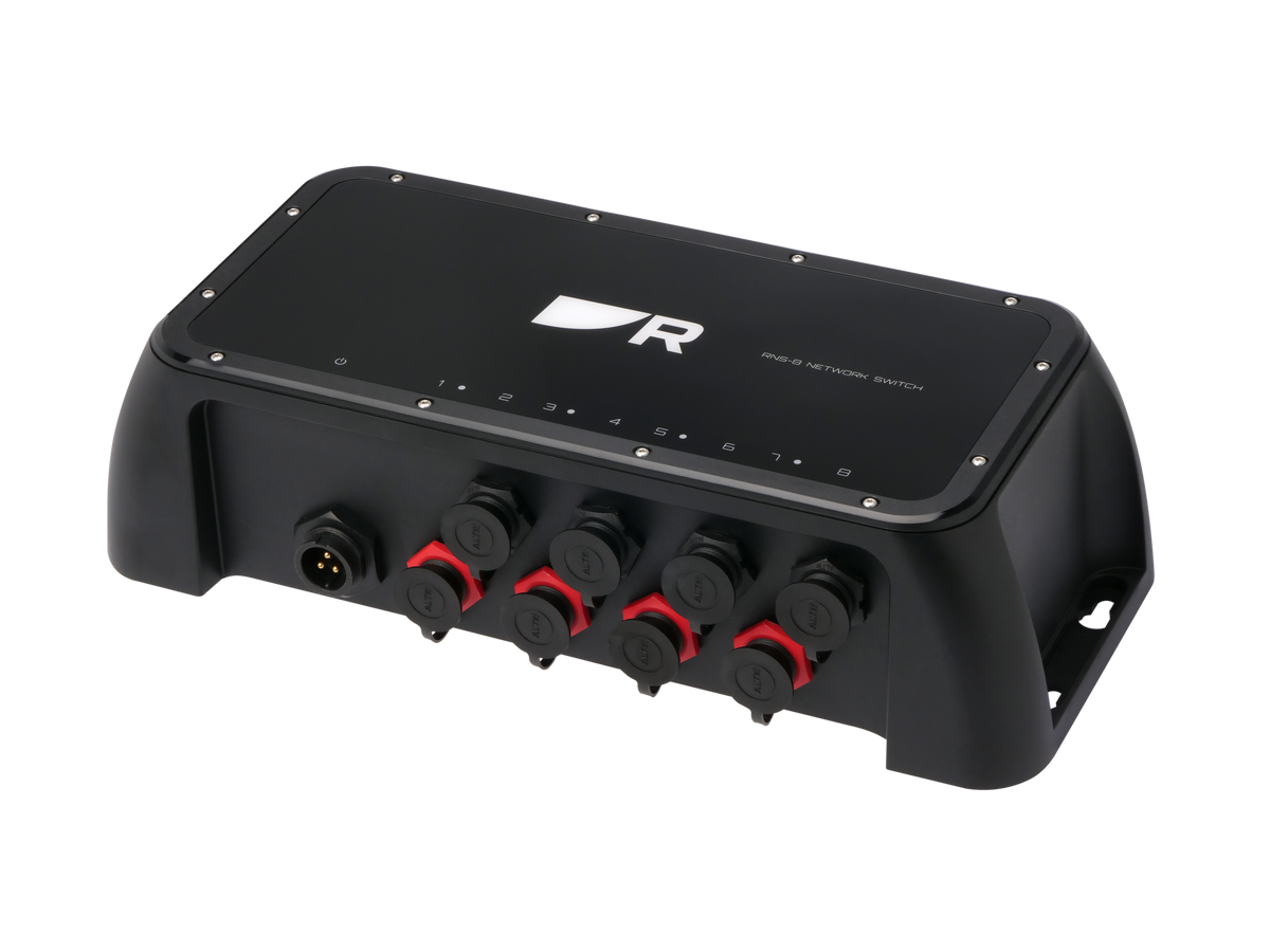 Raymarine A80732 RNS8 RayNet 8 port gigabit network switch, black case with R logo and red-ringed ports, angled view