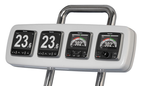Scanstrut SPH-4I-W white helm pod on a stainless frame holding four marine instrument displays, front view