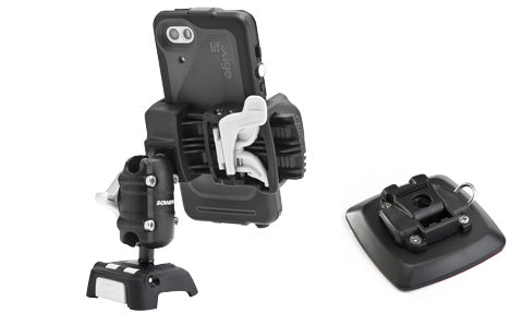 Rokk Mini phone kit RLS-509-404 with black phone holder on arm and separate adhesive base pad