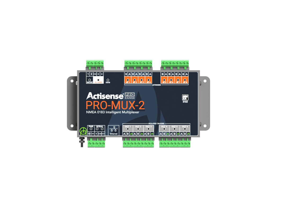 Actisense PRO-MUX-2 eight inputs, six ISO-Drive outputs, serial and Ethernet, dark box with green terminal blocks, on black