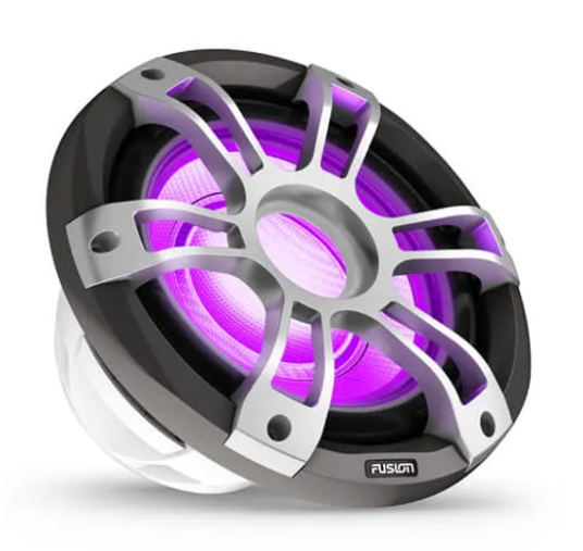 Fusion 010-02774-11 10in sports grey CRGBW LED subwoofer 300w RMS, violet lit grille, front view