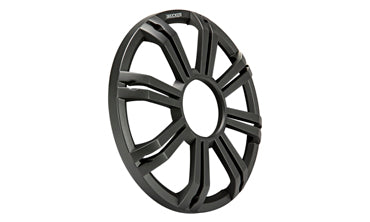 Kicker KM Marine 12 inch subwoofer grill in black, KA45KMG12C, round black spoked grill on a white ground