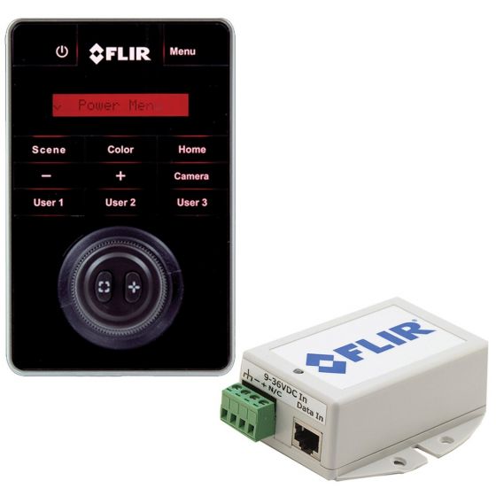 FLIR T70478 JCU-2 PoE injector kit for M-Series thermal camera, black joystick control unit and a white injector box