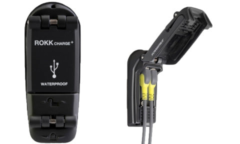 Scanstrut ROKK SC-USB-02 waterproof dual USB charge socket, front view beside a side view with yellow-sleeved wires