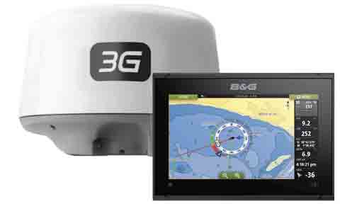 B&G Vulcan 9FS chartplotter with 3G broadband radar dome, display showing chart and radar overlay beside the dome