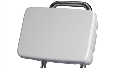Scanstrut SPH-13-W white helm pod with stainless frame, front view of the blank cover closed over the instrument