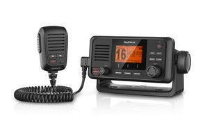 Garmin VHF 115i 010-02096-01 marine radio, black unit with channel 16 display and coiled microphone