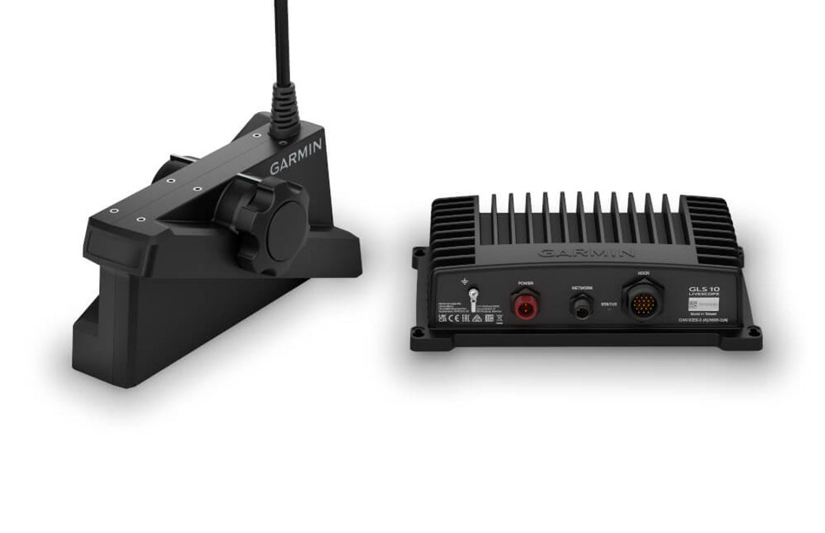 Garmin LiveScope XR 010-02719-00 system: GLS 10 black box and LVS62 transducer on a pole mount, front view