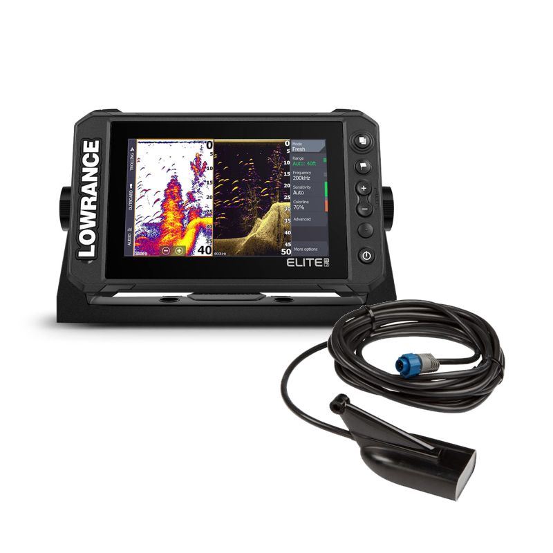 Lowrance 000-15697-001 Elite FS 7 HDI medium high 455 800, 7 inch fishfinder showing sonar, with a black skimmer transducer