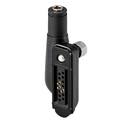 Icom AD-135 3.5 mm earphone jack adapter, black angled adapter with a round socket on top and a multi-pin base