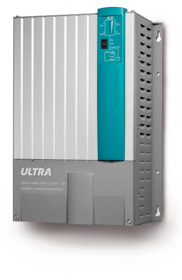 Mastervolt Mass Combi Ultra 12/3000-150 38013000, front view of finned casing with teal control panel and Ultra label