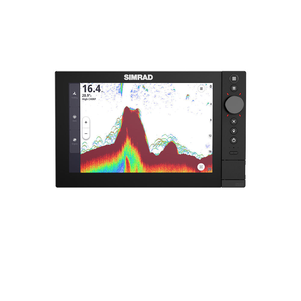 Simrad NSS 4 10 inch chartplotter and fishfinder 000-16013-001 showing a sonar display with side dial and keys