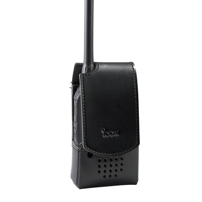 Icom LC-188 carrying case, black leather case with the Icom logo holding a radio with a long antenna