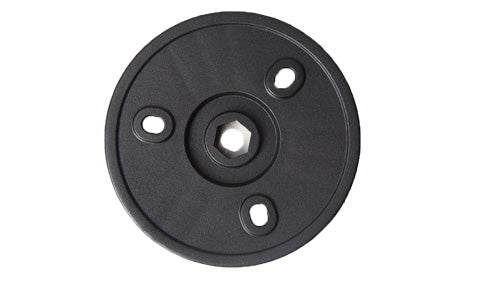 Rokk RL-502 black round top plate with three screw holes and a central hex socket, front view