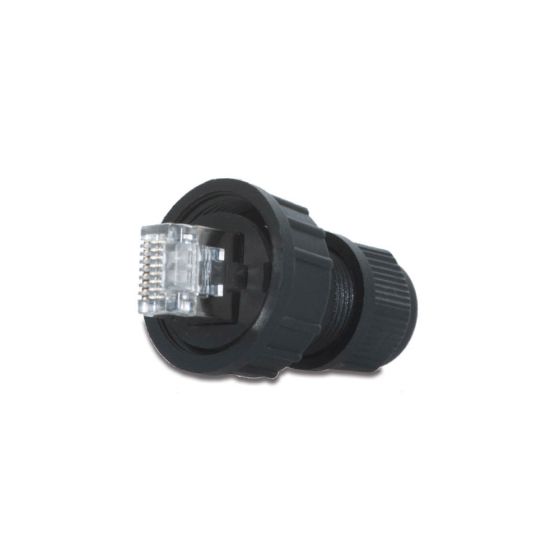 Actisense RJ45-FFC waterproof Ethernet connector, black gland body with a clear RJ45 plug, front view