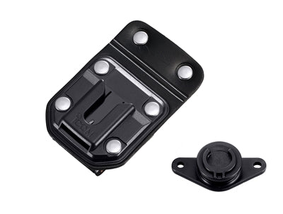 Icom MB-96N belt clip, black plate with six screws beside a separate round stud fixing part