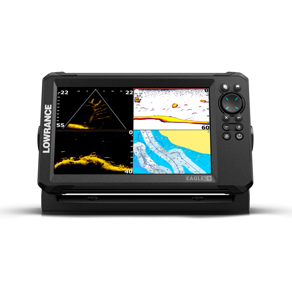 Lowrance 000-16130-001 Eagle Eye 9 inch with worldwide base map, front view of a 9 inch display on a bracket showing sonar