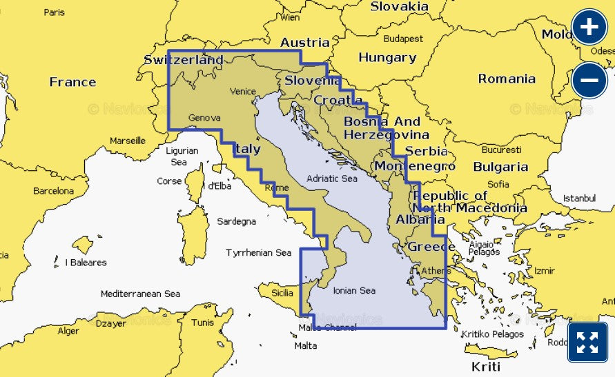 Garmin Navionics+ 010-C1239-20 Italy Adriatic Sea NSEU014R coverage, selection over Italy and the Adriatic
