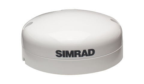 Simrad GS25 GPS antenna 000-11043-00, white domed puck with Simrad logo on the front