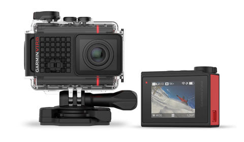Garmin VIRB Ultra 30 010-01529-04 action camera in clear waterproof housing with mount and red-sided display