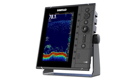 Simrad S2009 portrait 9 inch fish finder 000-12185-001 on bracket showing a sonar return with side keypad