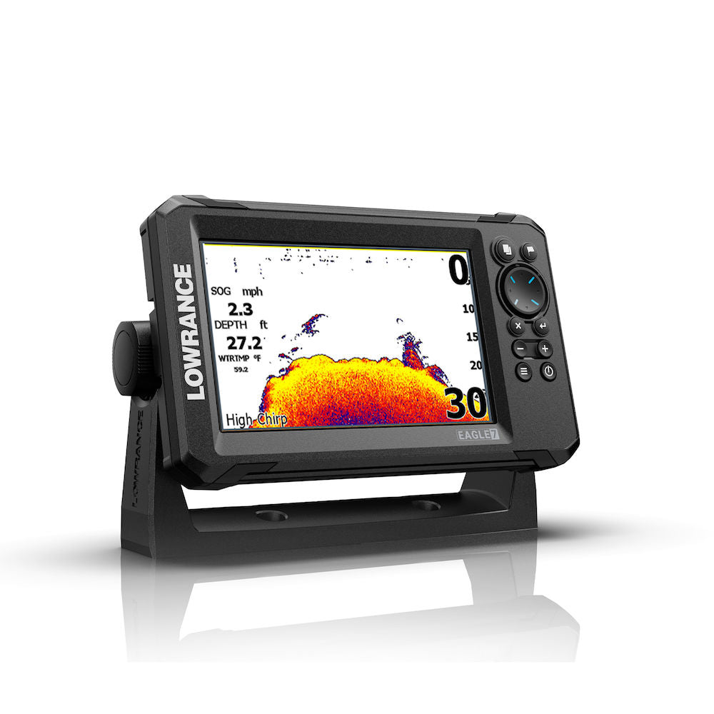 Lowrance 000-16308-001 Eagle 7 with 83/200 HDI, front view of a 7 inch fishfinder on a bracket showing a sonar image